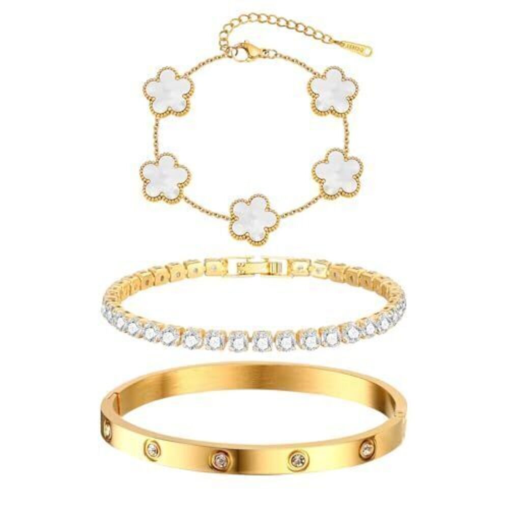 2108 18K Gold Plated Stainless Steel Stackable Floral Bracelet Set, Bangle